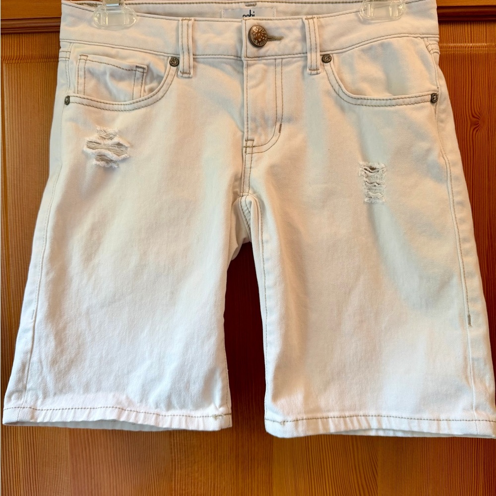 Cabi White Distressed Denim Bermuda Shorts Women Size 0 Rolled Cuff